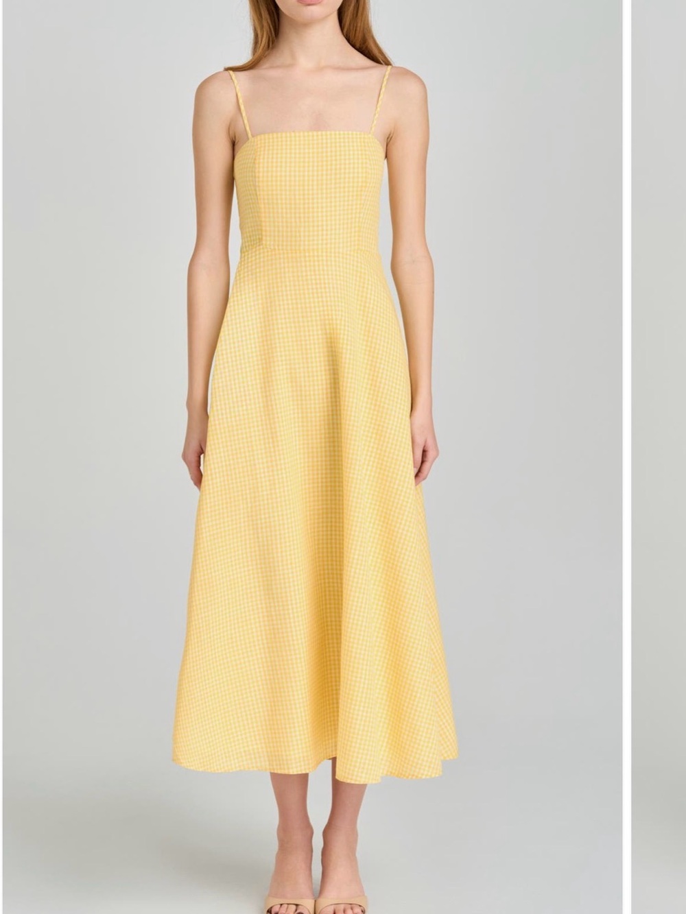 Wayf Yellow Gingham Square-Neck Spaghetti-Strap Midi Dress